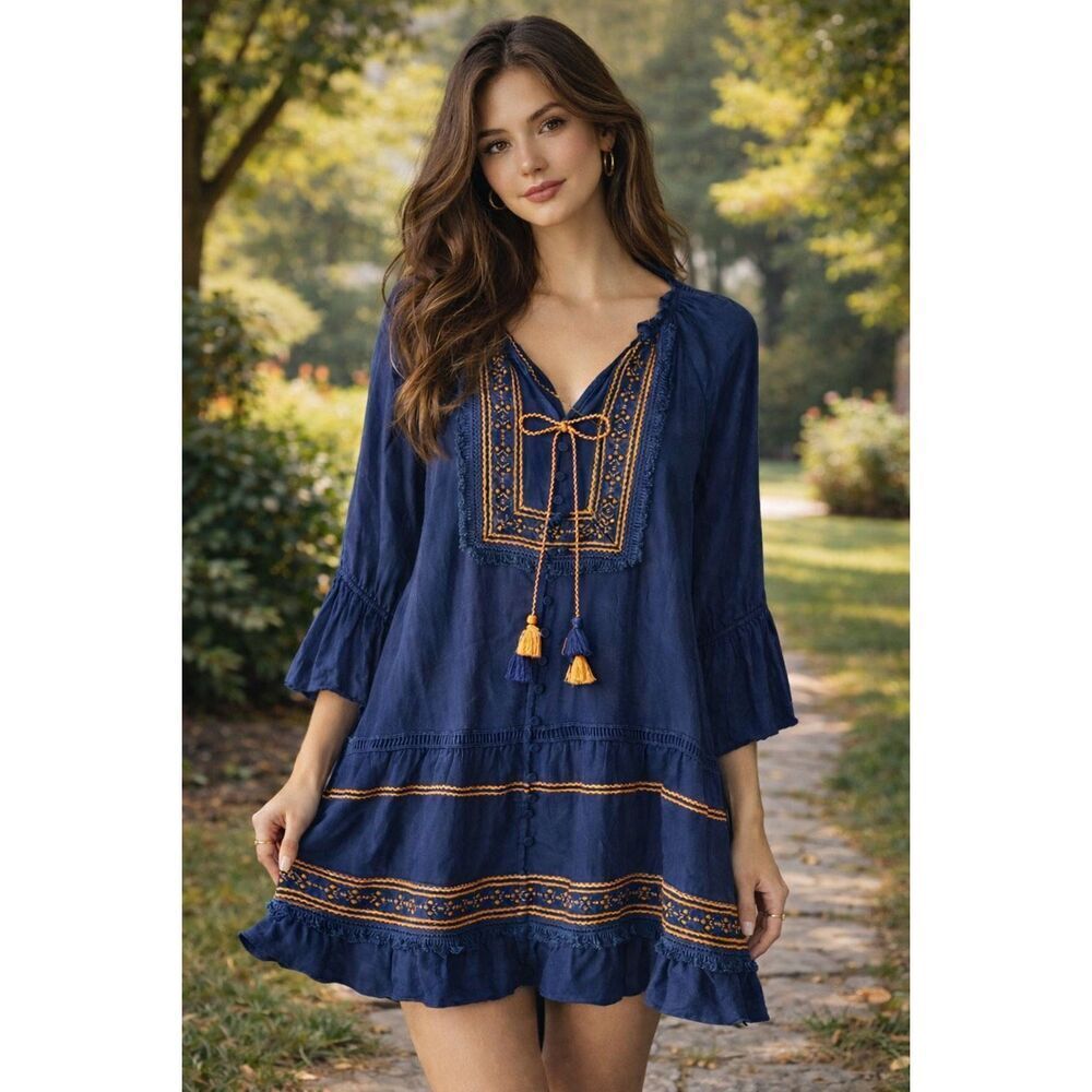 A Loves A Navy Blue Embroidered Boho Mini Dress Size Small
